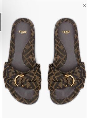 Fendi Brown Monogram Slide Sandals with Gold Accent